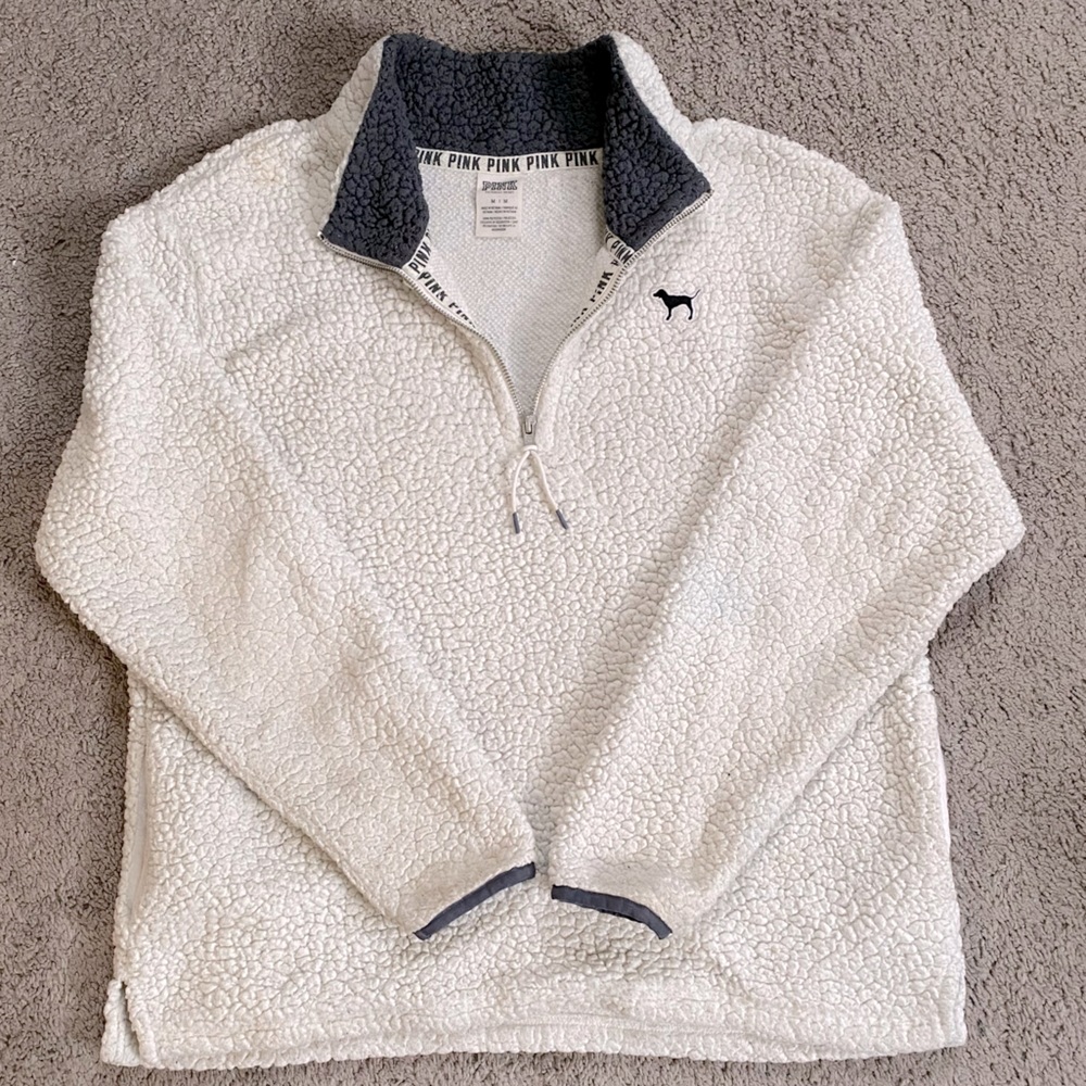 Victoria Secret Pink White and Gray Sherpa quarter zip pullover sweater
